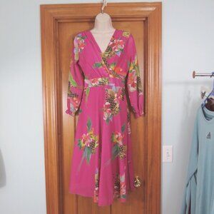 Vicky & Lucas Pink Floral Print Midi Dress Lined Chiffon Flowy Long Sleeve
